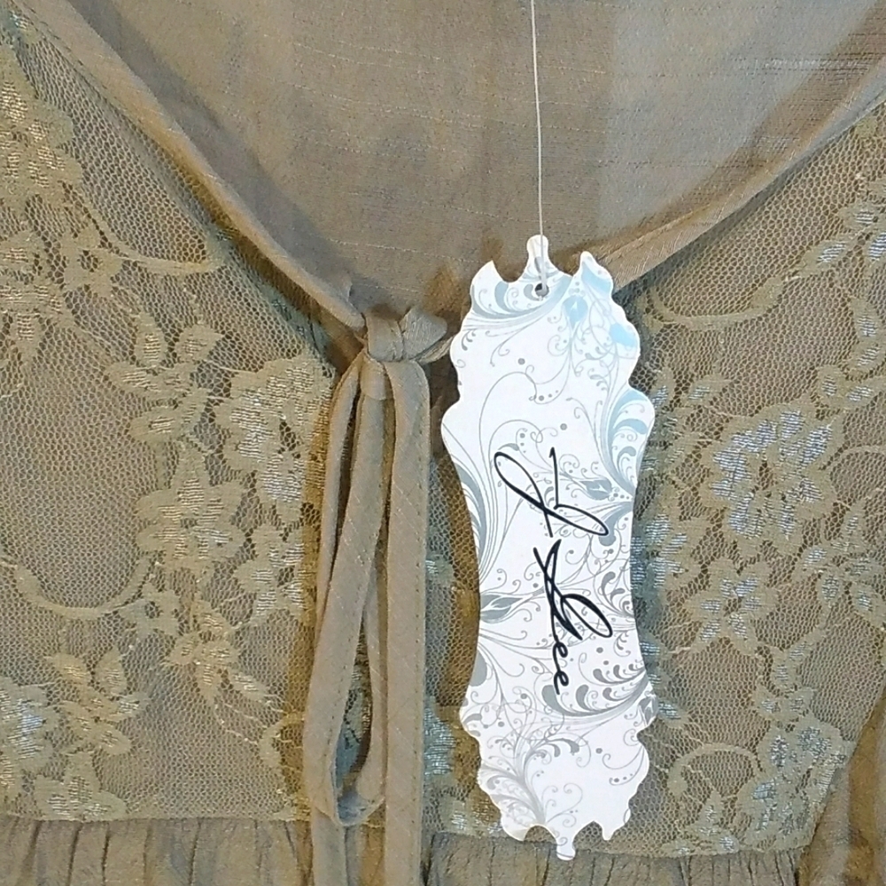 J Gee Boho Olive Green Top Blouse Front Lace And Sleeves Tie Size M Pleated. - Picture 4 of 11